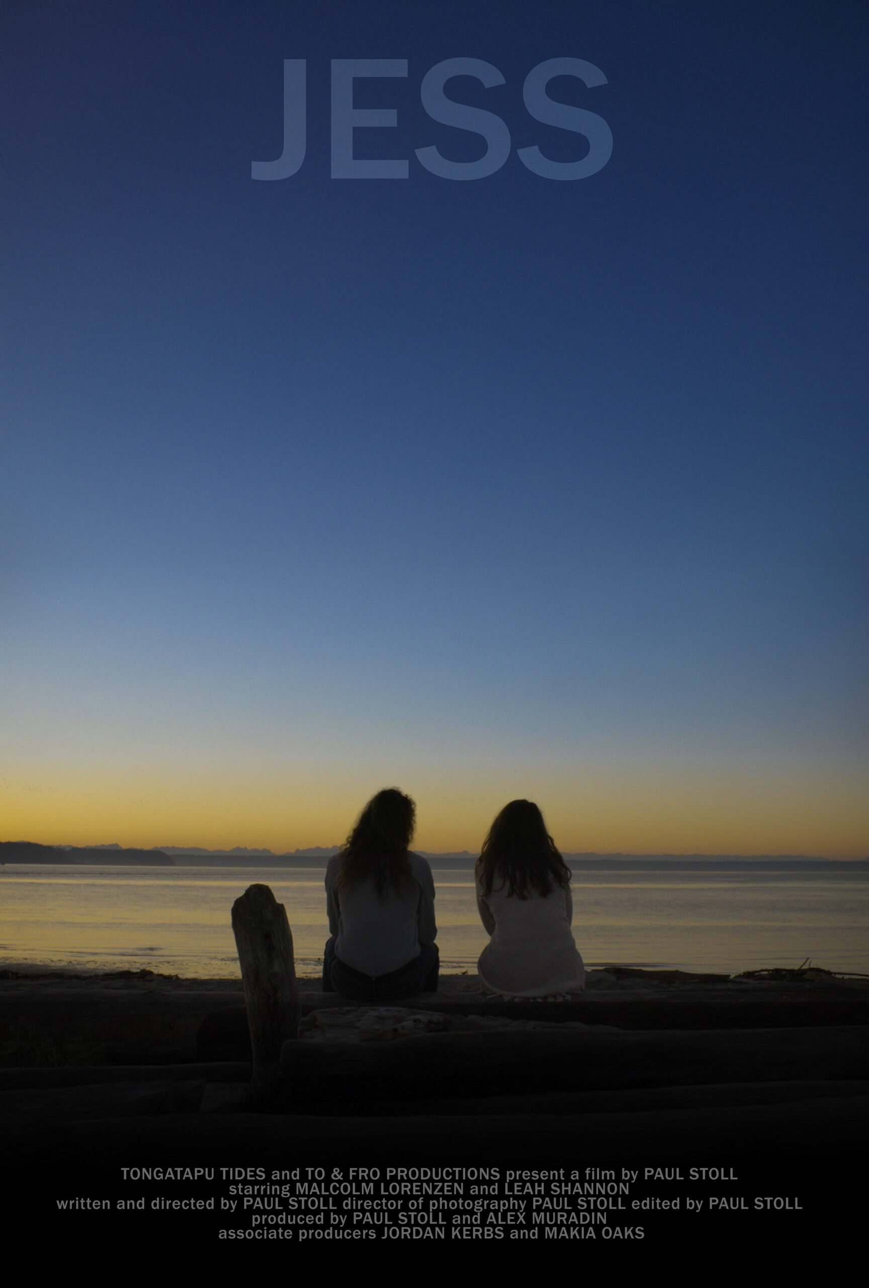 Jess film poster: two people sitting on a beach beneath a deep blue sunset sky, with the film’s title and credits.